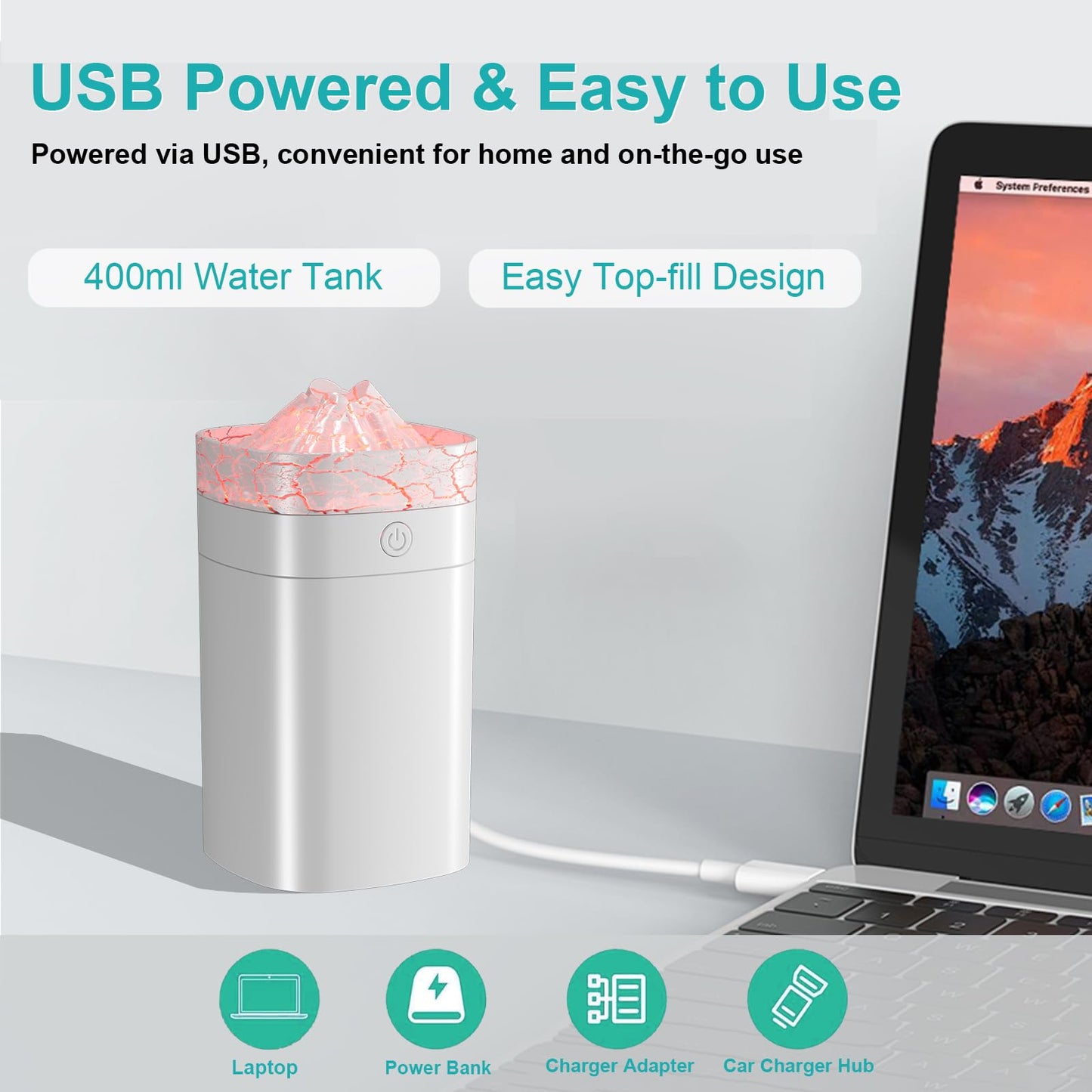 Portable Mini Humidifier, 400ml Small Humidifier with 2 Modes Large Spray, USB Personal Desktop Humidifiers for Home Bedroom Car Office Travel Yoga with 7 Color LED Light, Auto Shut-Off, Bass Work