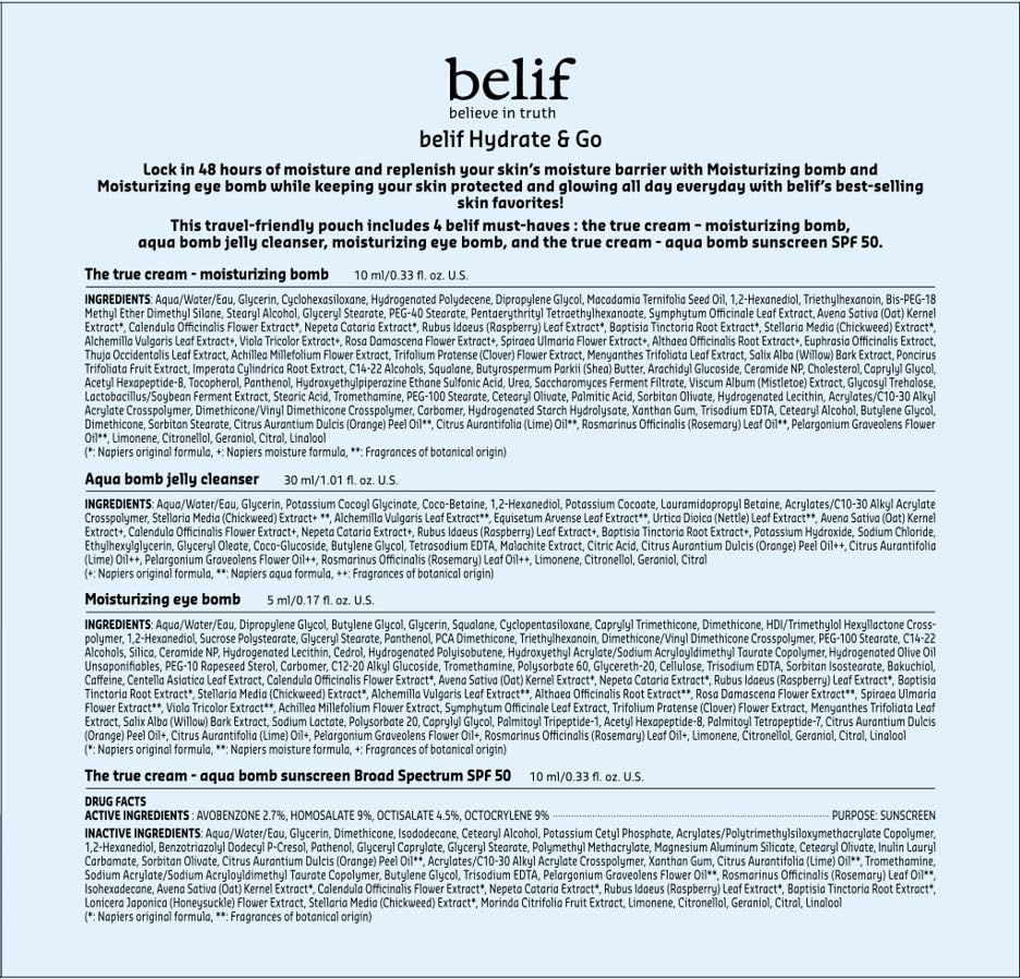 belif Hydrate & Go Kit – 4-Step Korean Skincare Set with Toner, Moisturizing Bomb Cream, Jelly Cleanser, Eye Bomb, SPF 45 Sunscreen, TSA-Friendly, Deep Hydration & Barrier Care for Glowy, Bouncy Skin