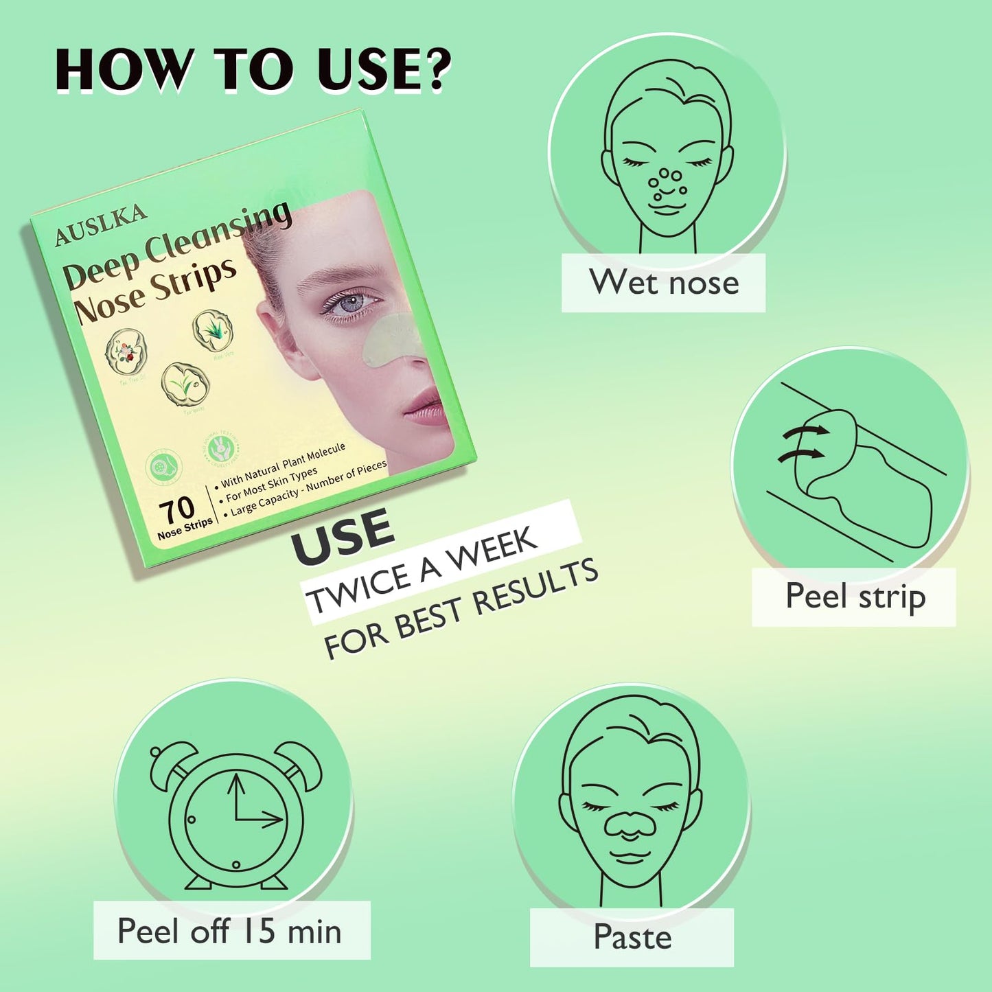 AUSLKA Blackhead Pore Strips,(70 Counts) Blackhead Remover-Deep Cleansing Nose Strips With Instant Pore Unclogging, Nose Plant Strips for Blackheads