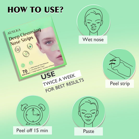 AUSLKA Blackhead Pore Strips,(70 Counts) Blackhead Remover-Deep Cleansing Nose Strips With Instant Pore Unclogging, Nose Plant Strips for Blackheads