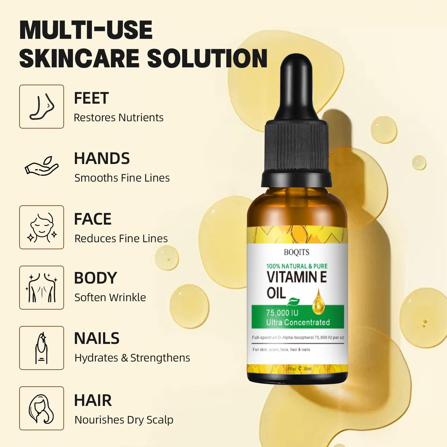 Vitamin E Oil Blend 75,000 IU, Pure Vitamin E Oil for Skin, Face and Scars, Body Bath Oils Moisturizing Dry Skin, Easy to Absorb (1 Pack)
