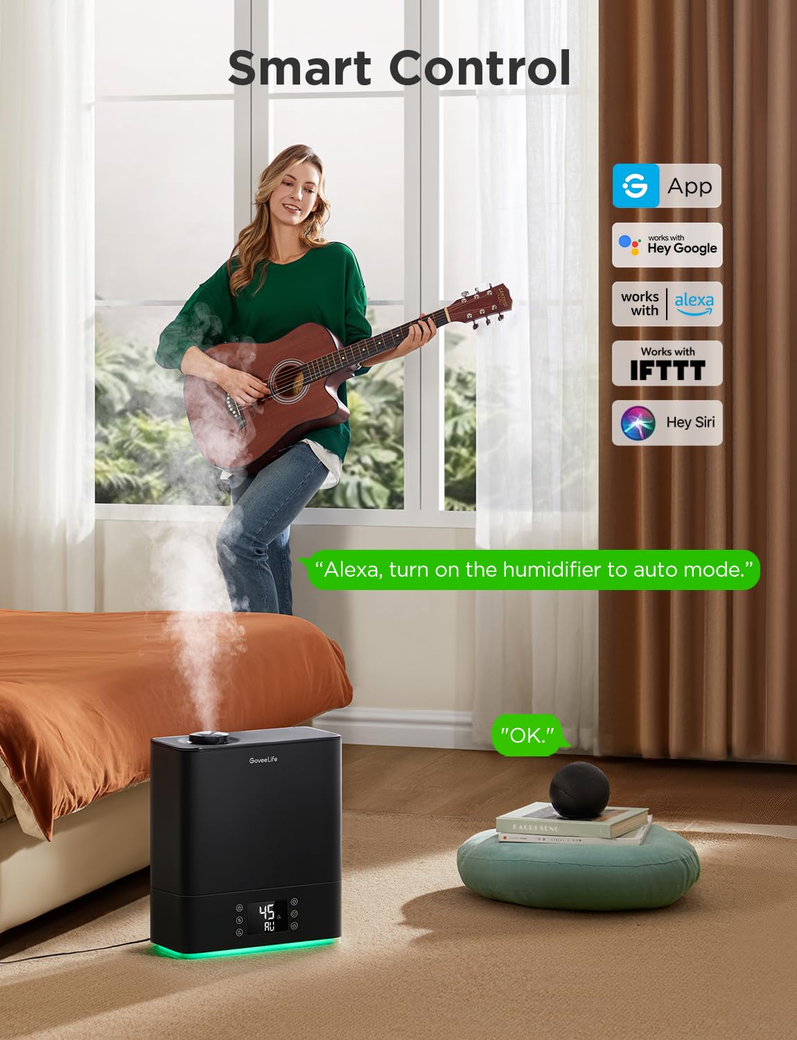 GoveeLife Smart Humidifiers for Bedroom Large Room, Top-Fill Cool Mist 6L WiFi Air Humidifier, Auto Mode, App & Voice Control, 60H Runtime, Rapid Humidification, RGB Nightlight Baby Plants, Black