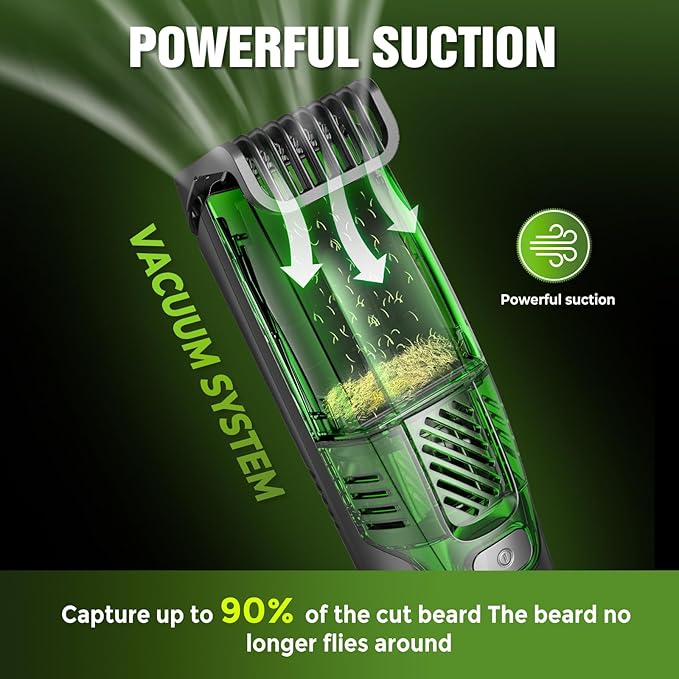 Beard Trimmer for Men: All-in-One Vacuum Mustache Trimmer With Precision Dial,Adjustable 20 Length Setting Premium Facial Hair Groomer with Length Comb USB-C Recharge, Waterproof Wet/Dry Clipper