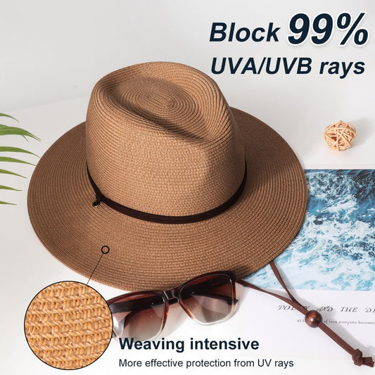 DRESHOW Womens Summer Straw Sun Hat Wide Brim Bucket Hats Fedora Hat Panama Beach Hat with Chin Strap UPF 50+