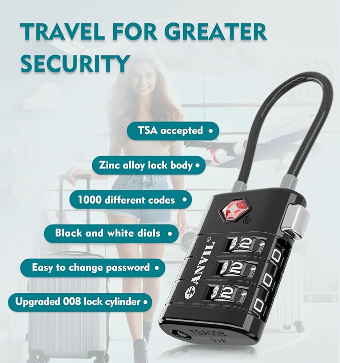 ANVIL TSA Approved Luggage Locks – High Security TSA008 Combination Travel Locks with Inspection Indicator for Suitcases and Backpacks. (6, Black)