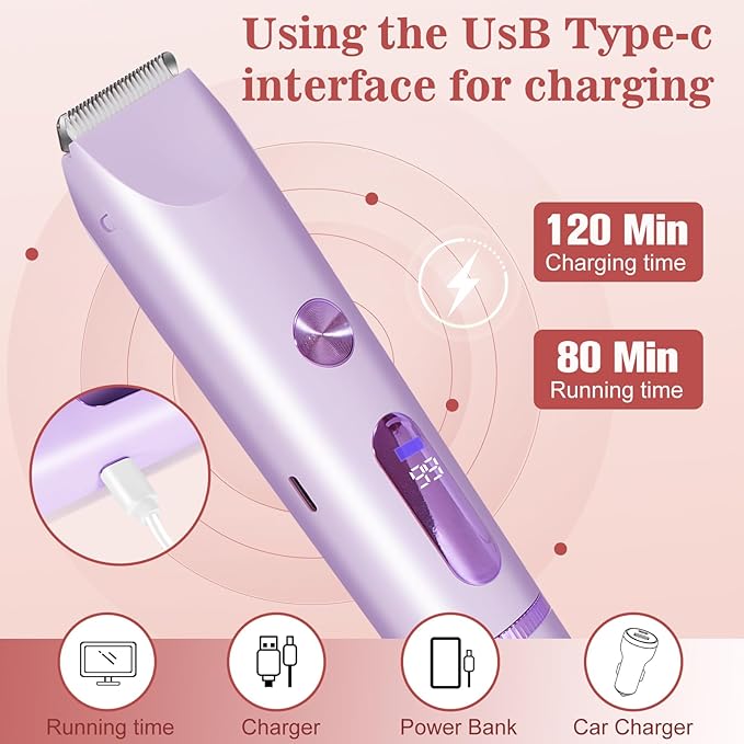 Bikini Trimmer for Women 2in1 High Power Epilators Hair Removal Waterproof Electric Razors Women's Electric Razor Pubic Hair Trimmer Shaver for Women for Ladies Pubic，Face， Underarms，Legs (Purple)