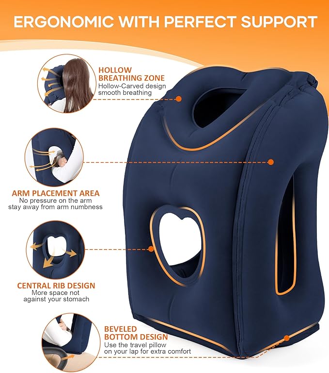 Sunany Travel Pillow, Upgraded Plane Pillow for Long Flights, Inflatable Neck Pillow Used for Airplanes,Cars,Buses,Trains,Office Napping with Eye Mask,Earplugs (Blue)