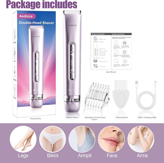 Bikini Trimmer for Women 2 in 1, Dual Head Womens Electric Shaver, Electric Razors for Pubic Hair, IPX7 Waterproof Rechargeable Facial Hair Removal for Shaving Underarm Leg Arm Body Face, Purple