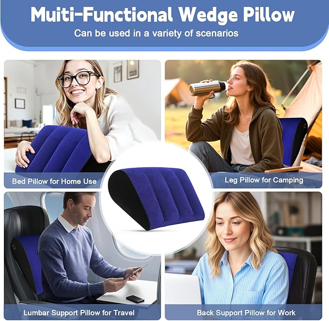 TheClover Inflatable Wedge Pillow for Sleeping - Leg Elevation, Use in Bed Back Support, Wedge Pillow for Sleep Apnea, Portable Travel Triangle Pillow, Camping, Fast Inflating Deflation (Blue)