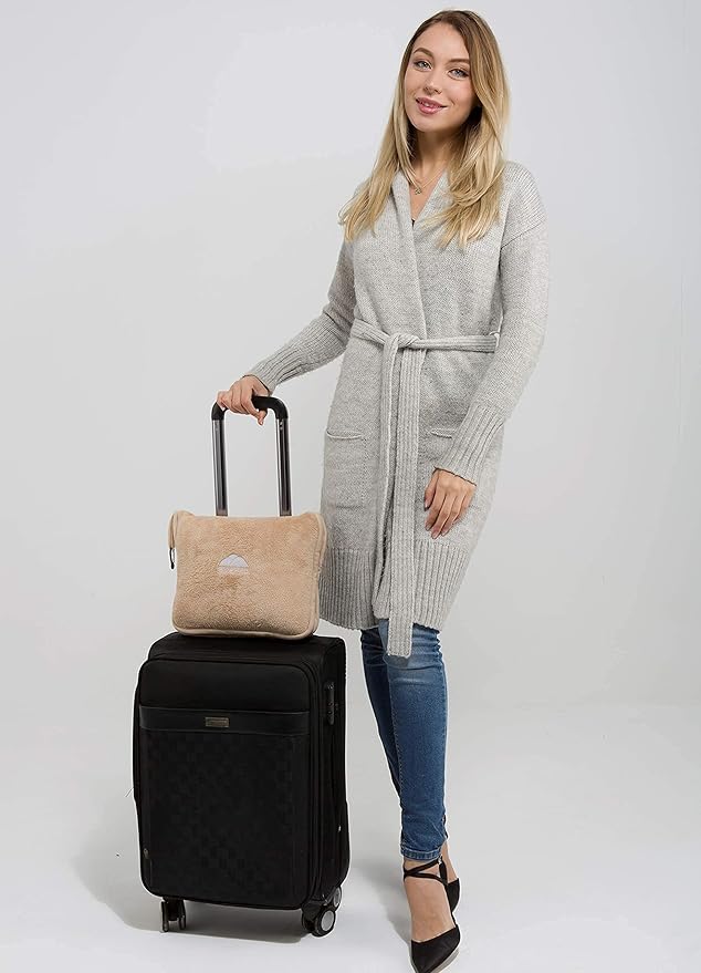 BlueHills Premium Soft Tall Travel Blanket Pillow for Airplane Traveling Essentials Long Flight Trip Throw in Bag case with Backpack Clip Compact Large Plane Accessories Beige T053