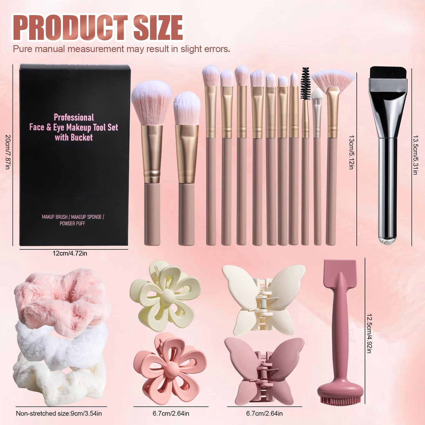 BS-MALL Travel Makeup Brush Set 23 Pcs,with Hair Ties, Clips & Dual-Head Silicone Face Mask Brush for Flawless Makeup For Girls Party Bedroom