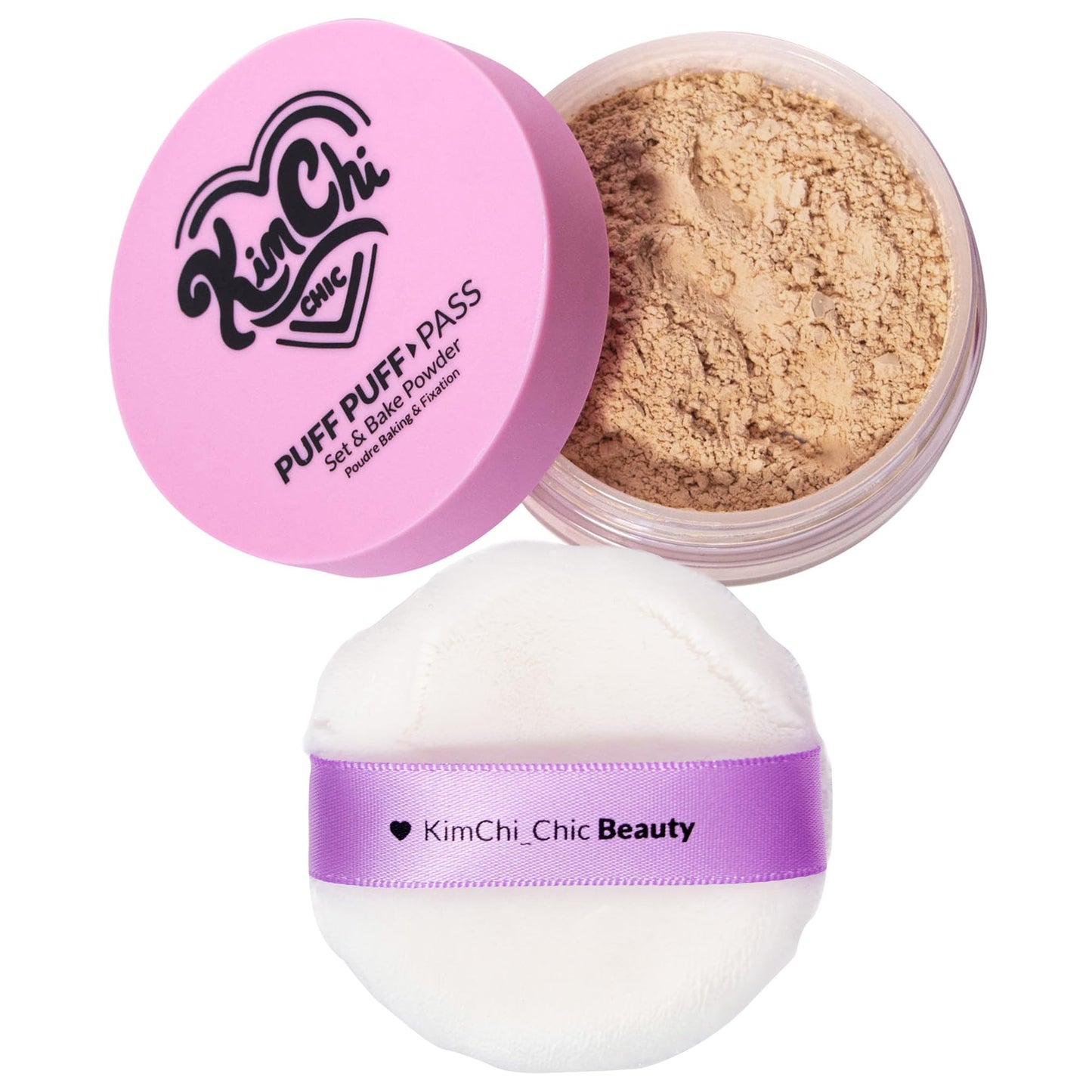 Kimchi Chic Beauty Puff Puff Pass Set and Bake Setting Powder for Makeup, Extra Fluffy Loose Face Powder Poof, Soft Natural Face Makeup for Uneven Skin Tone, 04 Peachy