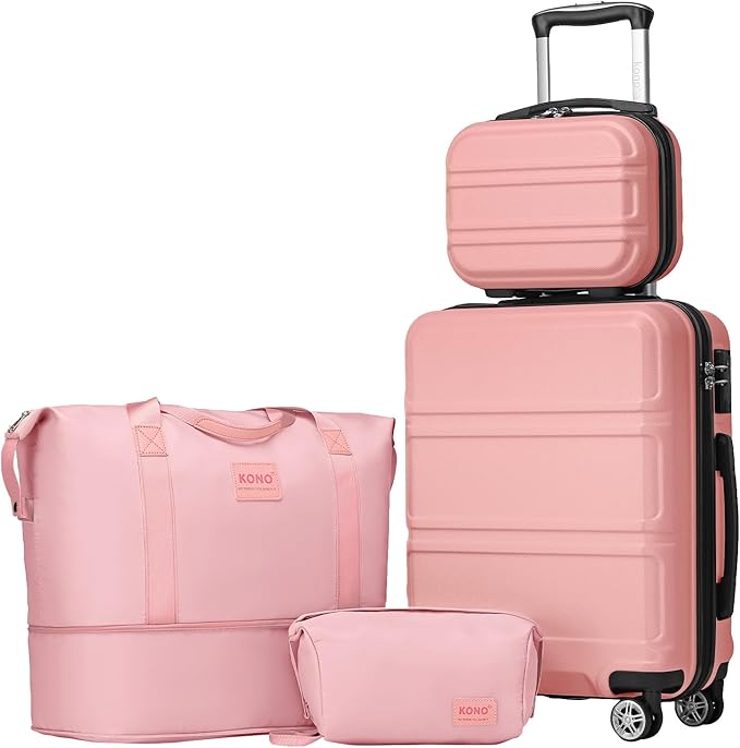 Kono Luggage Set 4 Piece Carry On Hardside Luggage with TSA Lock Spinner Wheels Carry On Suitcase Nude/Rose Pink