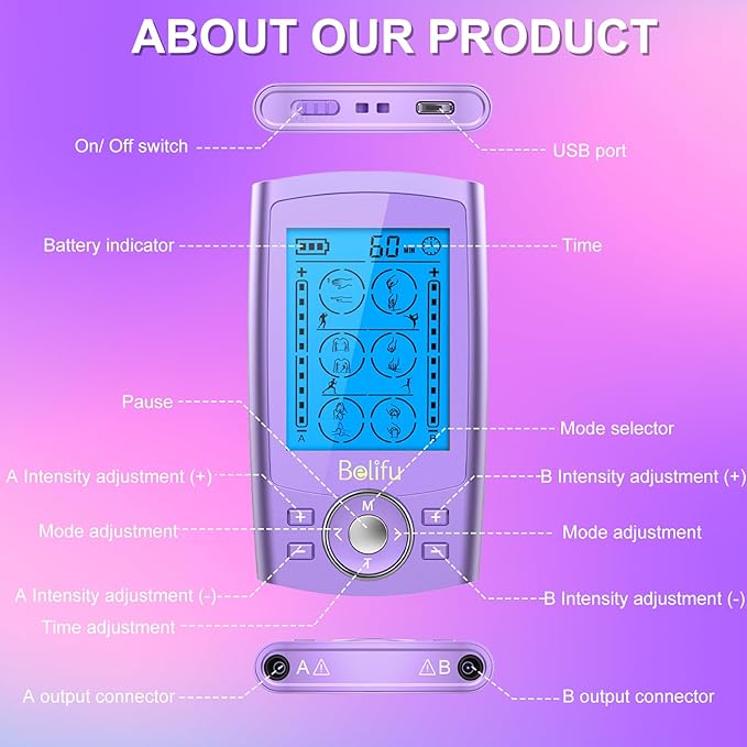 Belfiu TENS & PMS 24 Modes Muscle Stimulator for Pain Relief Therapy, Electronic Pulse Massager Muscle Massager with 10 Pads, Dust-Proof Drawstring Storage Bag, Fastening Cable Ties
