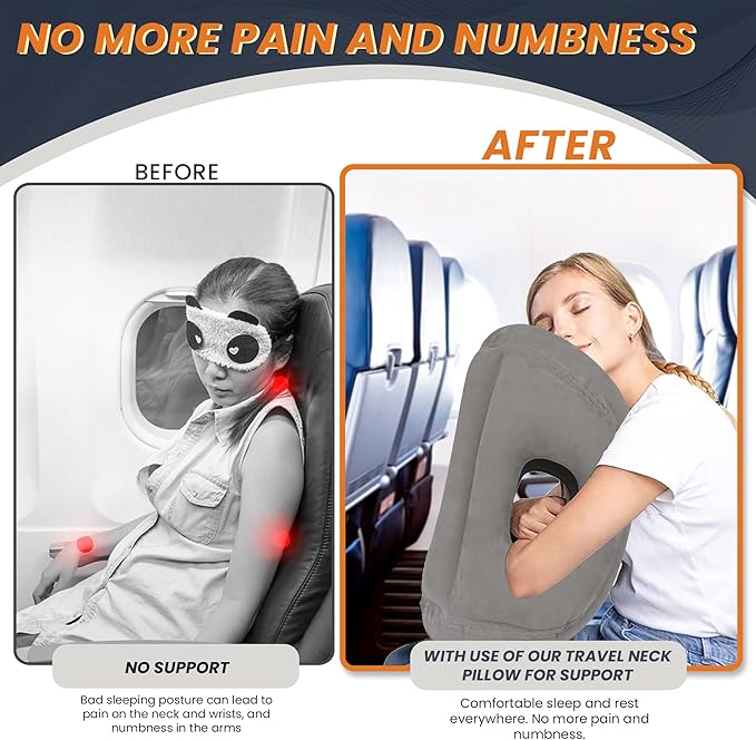 Trekstar Inflatable Travel Neck Pillow in Drawstring Bag | Ergonomic Design | Supports Head, Back, and Neck Pain | Sleeping Cushion in Airplane/Buses/Office/Cars/Trains with Eye Mask, Earplugs