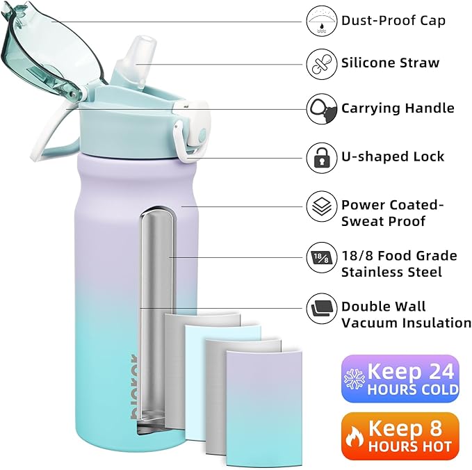 BJPKPK Water Bottle With Straw 18oz Insulated Water Bottles Reusable Stainless Steel Metal Thermo With Leak Proof Lockable Lid And Carry Handle,Lavender Green