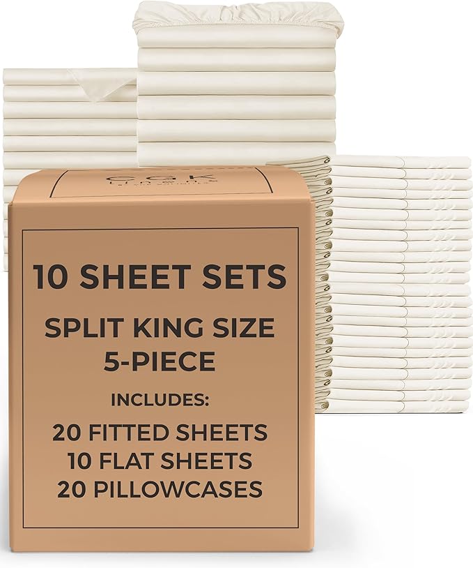 Bulk Case Pack of 10 Sheet Sets - (10) Complete Split King Size Sheet Sets with Deep Pockets - Wholesale Bulk Bedding for Hotels, Spas & Airbnbs - Breathable & Wrinkle Free - (Split King, Off White)