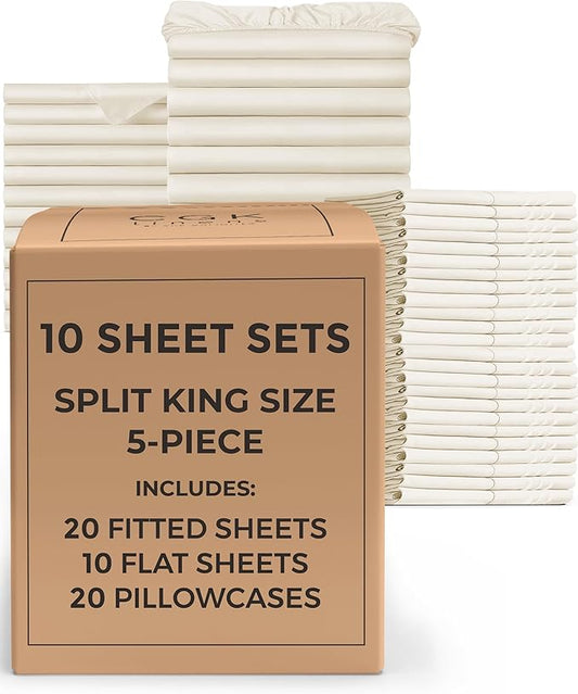 Bulk Case Pack of 10 Sheet Sets - (10) Complete Split King Size Sheet Sets with Deep Pockets - Wholesale Bulk Bedding for Hotels, Spas & Airbnbs - Breathable & Wrinkle Free - (Split King, Off White)