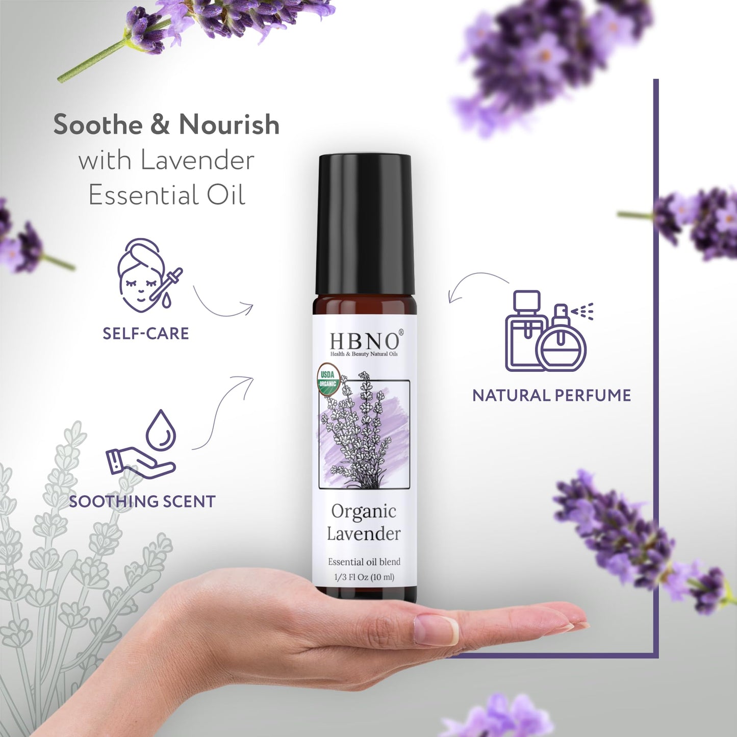HBNO Organic Lavender Essential Oil Roll-On - 1/3 oz (10 ml) Travel Size - USDA Certified Organic Lavender and Mct Oils - Perfect for Traveling, Aromatherapy, Massage, perfumes, moisturizer