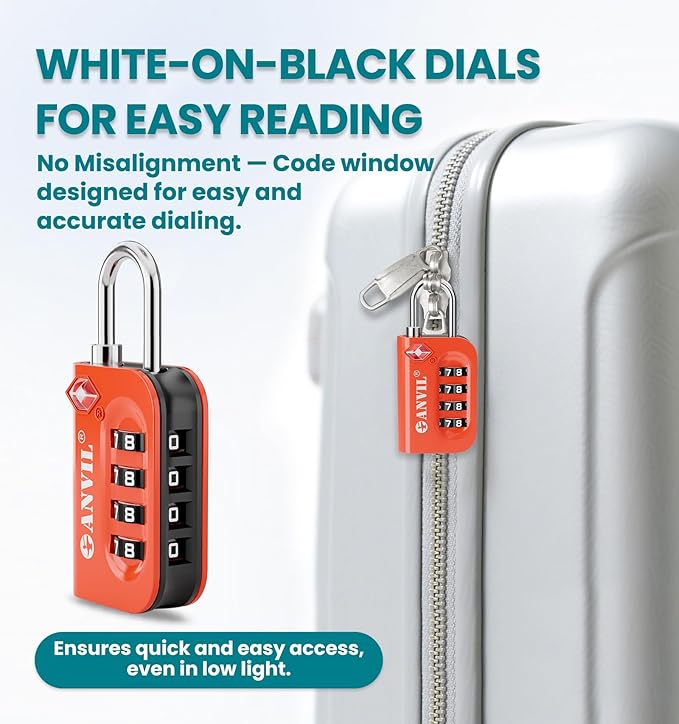 ANVIL TSA Approved Luggage Lock - 4 Digit Combination, 10,000 Combinations, Easy-Read Password Window, Travel Lock for Suitcases, Backpacks, Gym & Student Lockers, Baggage