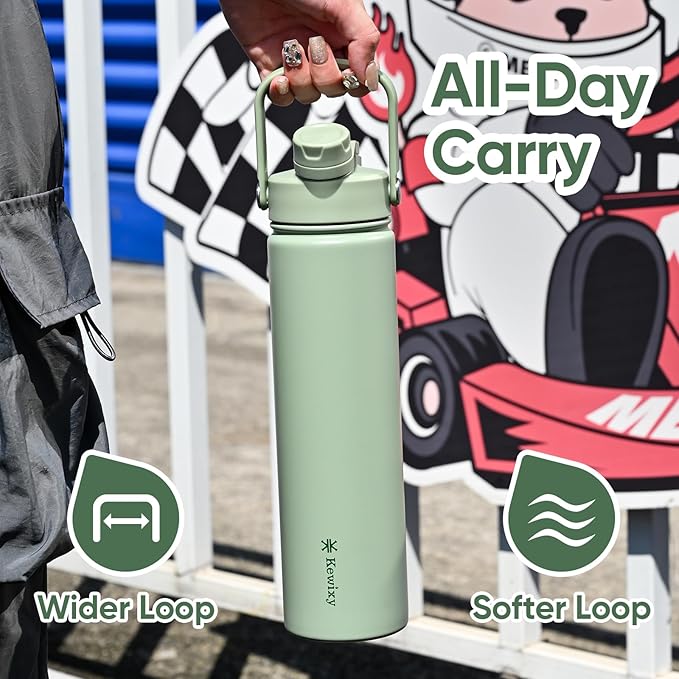 24 oz Insulated Water Bottle, 2-in-1 Lid, Straw & Spout with Protected, Leak Proof, Keep Cold, Stainless Steel, Metal, Reusable, Handle, for Travel, Gym and School, 2 Lids, Sage Green