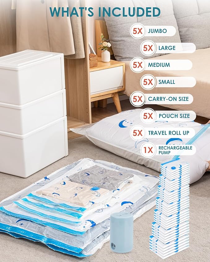 Travel Compression Bags, 35 Pack Vacuum Storage Bags with 1500mAh Rechargeable Battery, Vacuum Seal Bag for Space Saving Clothes, Blanket, Duvets, Pillows, Comforters, Travel Essentials, Luggage