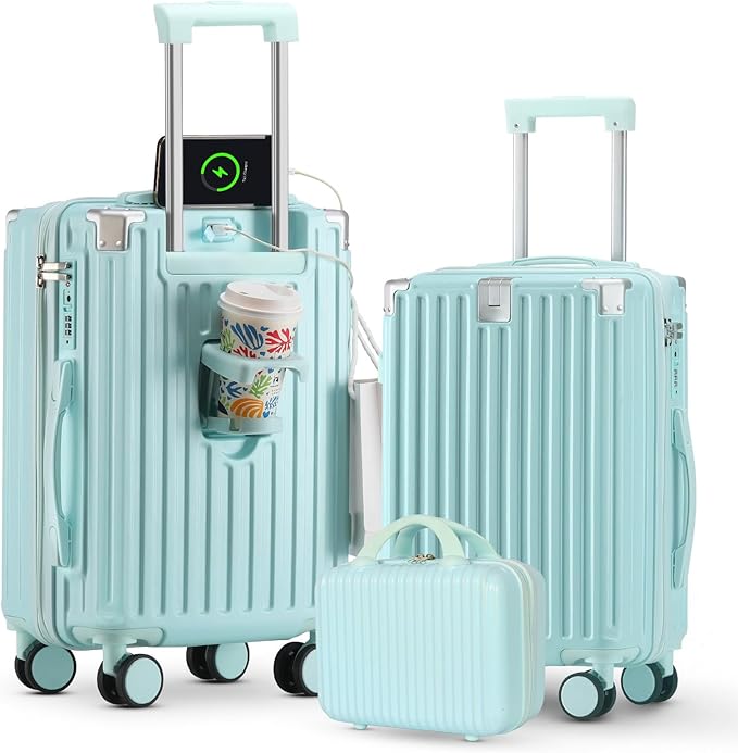 20 Inch Carry On Luggage With Cup Holder & USB Port, Airline Approved TSA-locked Luggage, Lightweight PC Material Travel Suitcase With 360° Spinner Wheel (14-20-24in Blue, 14-20-24in)