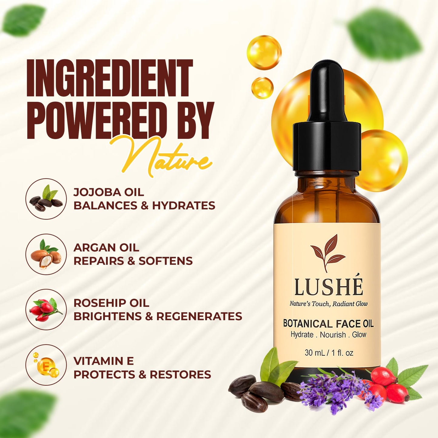 LUSHÉ Botanical Face Oil with Argan, Jojoba, Rosehip & Vitamin E – Lightweight, Hydrating, Non-Greasy Glow for All Skin Types – 30 ml