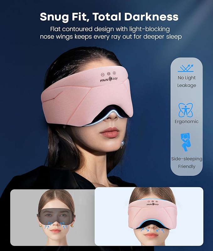 MUSICOZY Sleep Headphones, Bluetooth 5.4 Sleep Mask, Washable Zipper Eye Mask with HD Stereo Speakers, Cooling Ice Silk Fabric, 14H Playtime Wireless Headband Headphones for Side Sleepers