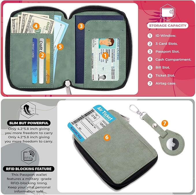 Cnycmy Passport Holder with Airtag,Passport-Wallet-Holder for Women, RFID Passport Holder with Slot Waterproof, PU Leather Travel Passport Case (Green3)