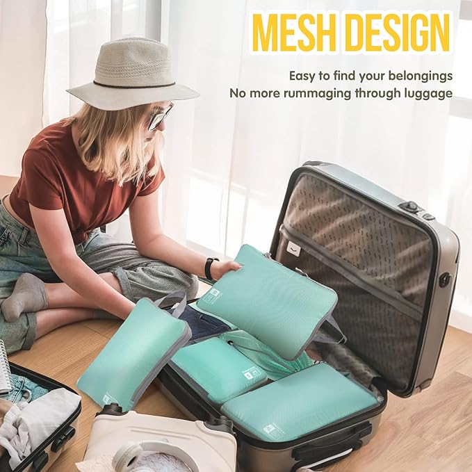 Compression Packing Cubes 6 Set, Dual Zipper Compression Packing Cubes for Travel, Space-Saving Packing Bags for Suitcases, packing cubes with shoe bag