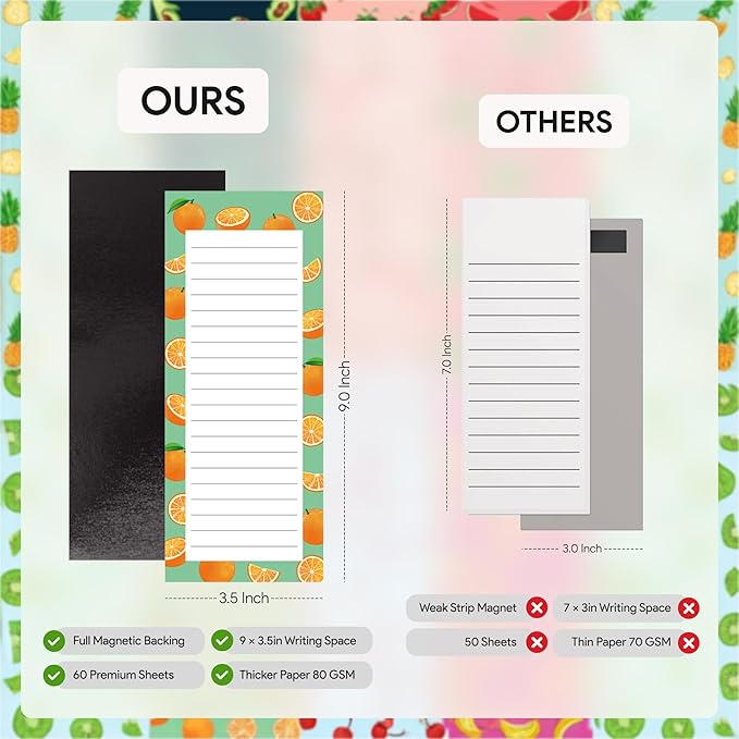 4 Large Magnetic Notepads – Shopping List, To-Do List, Reminders, Grocery List Pads -Strong Full Magnetic Back- Memo Pads with Realistic Fruit Designs | 60 Sheets per Pad 9 x 3.5 inch (4 Pack)