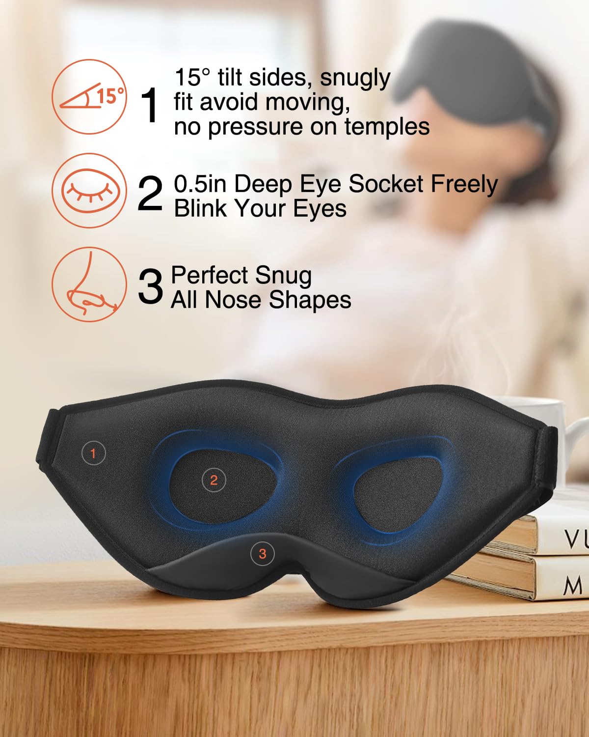 MABAO Sleep Mask for Side Sleeper, Eye Mask for Sleeping Women Men, 3D Contoured Cup No Eye Pressure 100% Light Blocking Sleeping Mask with Adjustable Strap Night Blindfold Flight, Travel, Nap, Black