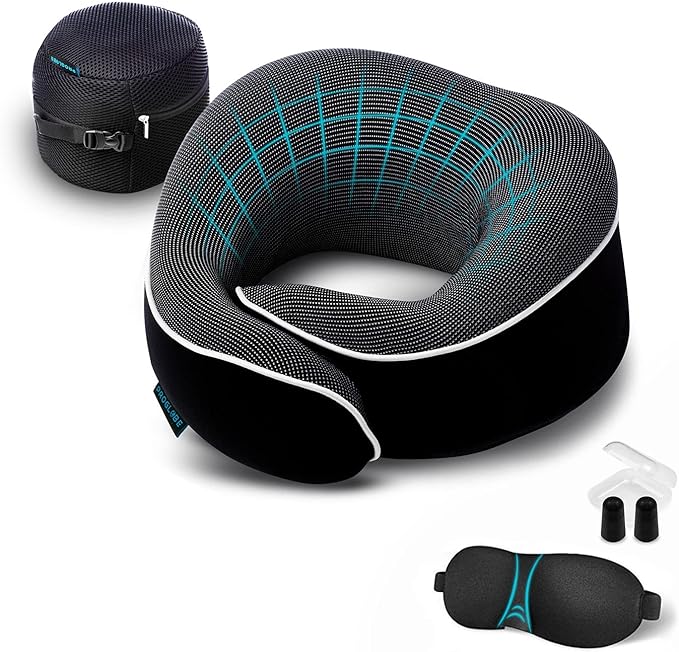 Orthopedic Neck Pillow, Travel Neck Pillows for Airplanes, Memory Foam Kit, 360° Head Support, Airplane Pillow Set with 3D Contoured Eye Masks, Earplugs, and Luxury Mesh Bag (Black)