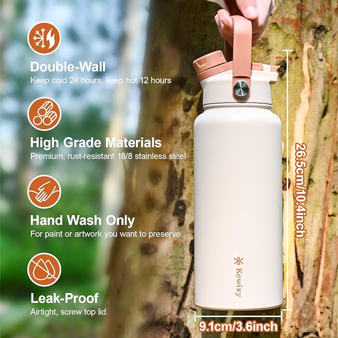 32 oz Insulated Water Bottle, 2-in-1 Lid, Straw & Spout with Protected, Leak Proof, Keep Cold, Stainless Steel, Metal, Reusable, Handle, for Outdoor, Gym and School, 2 Lids, Mousse