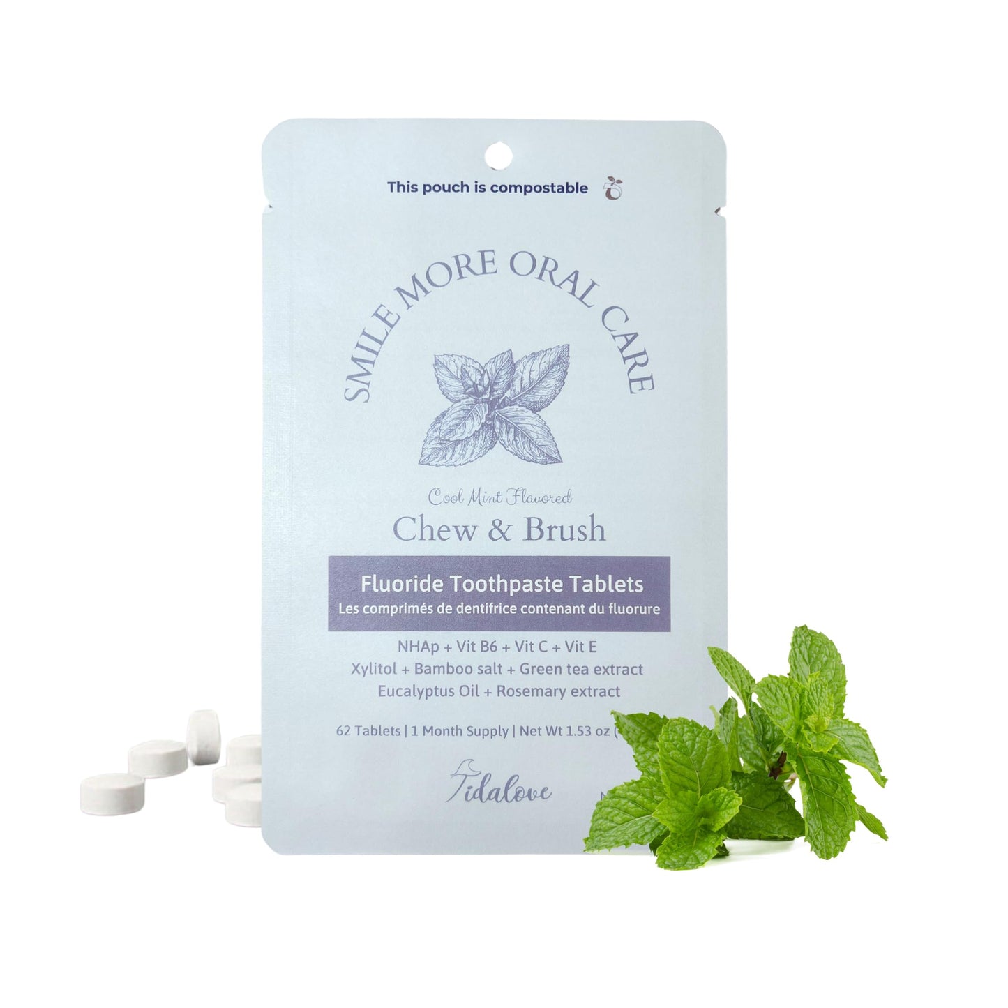 Tidalove Smile More Toothpaste Tablets with Fluoride & nHAp - Vegan, Enamel Strengthening, Zero Waste, Paper Refill, 62 Tablets, Cool Mint, 1 Month Supply, Travel-Friendly