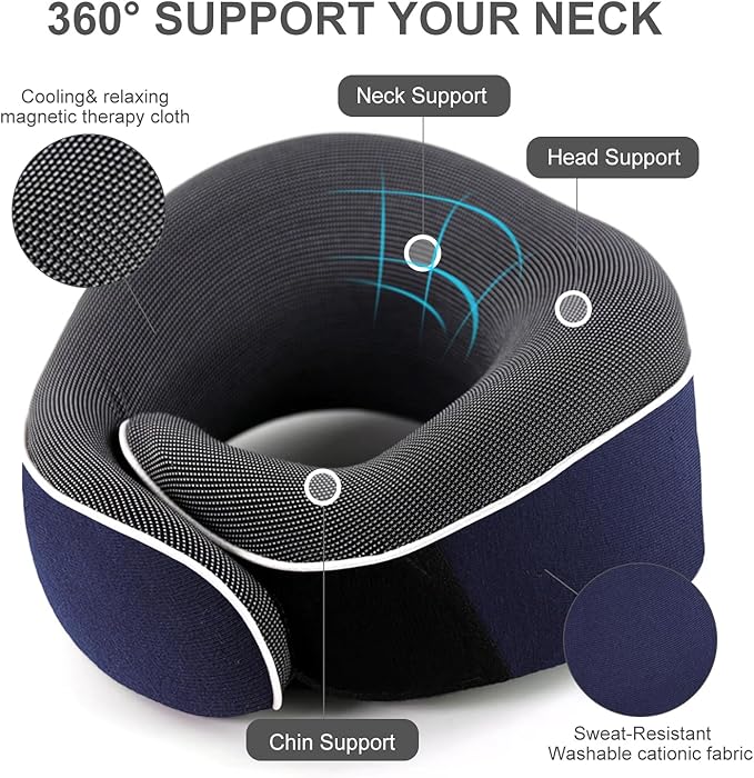 Travel Neck Pillow, Best Memory Foam Airplane Pillow for Head Support Soft Adjustable Pillow for Plane, Car & Home Recliner Use (Blue)