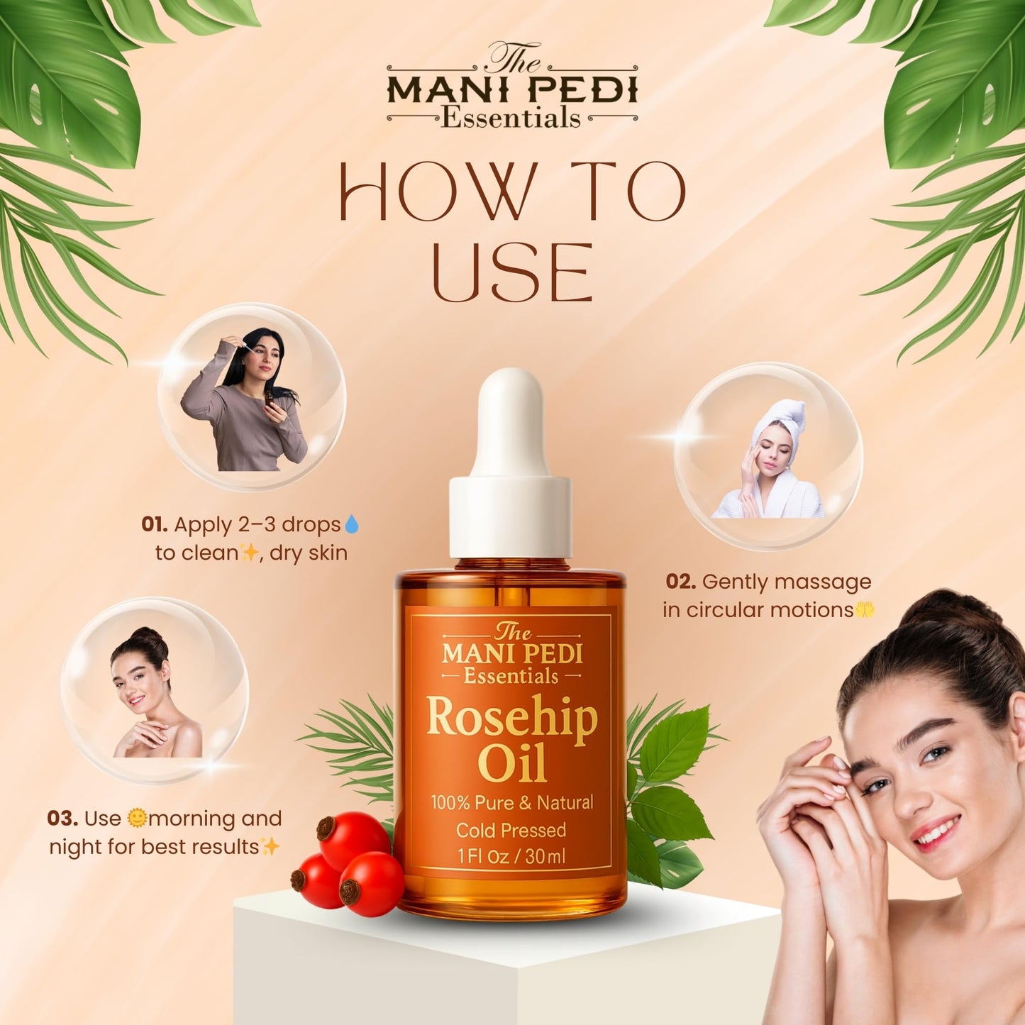 THE MANI PEDI ESSENTIALS Rosehip Oil for Face. 100% Pure, Natural, Cold-Pressed & Organic. Natural wealth of vitamins that help nourish & hydrate your skin - 1 Fl Oz