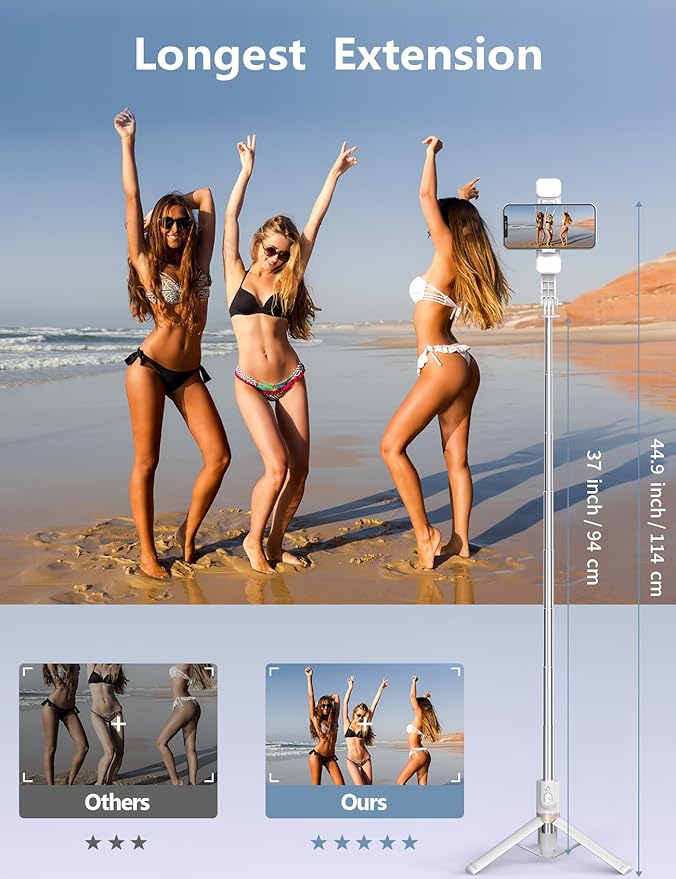 45'' Selfie Stick with Light, Travel Tripod Essentials with Wireless Remote, Portable Cell Phone Tripod Stand, Beach Cruise Ship Essentials for Family, Compatible with 4-7.2" All Smartphone