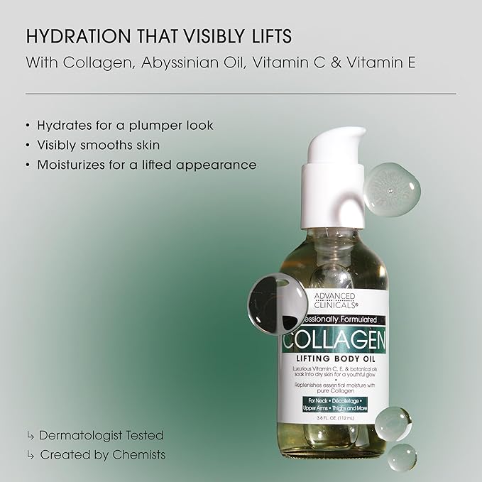 Advanced Clinicals Hydrating Collagen Oil For Body & After Shower | Visible Anti Aging Moisturizing Collagen Body Oil For Women & Men Helps Soften Appearance Of Crepe Skin & Wrinkles, 3.8 Fl Oz