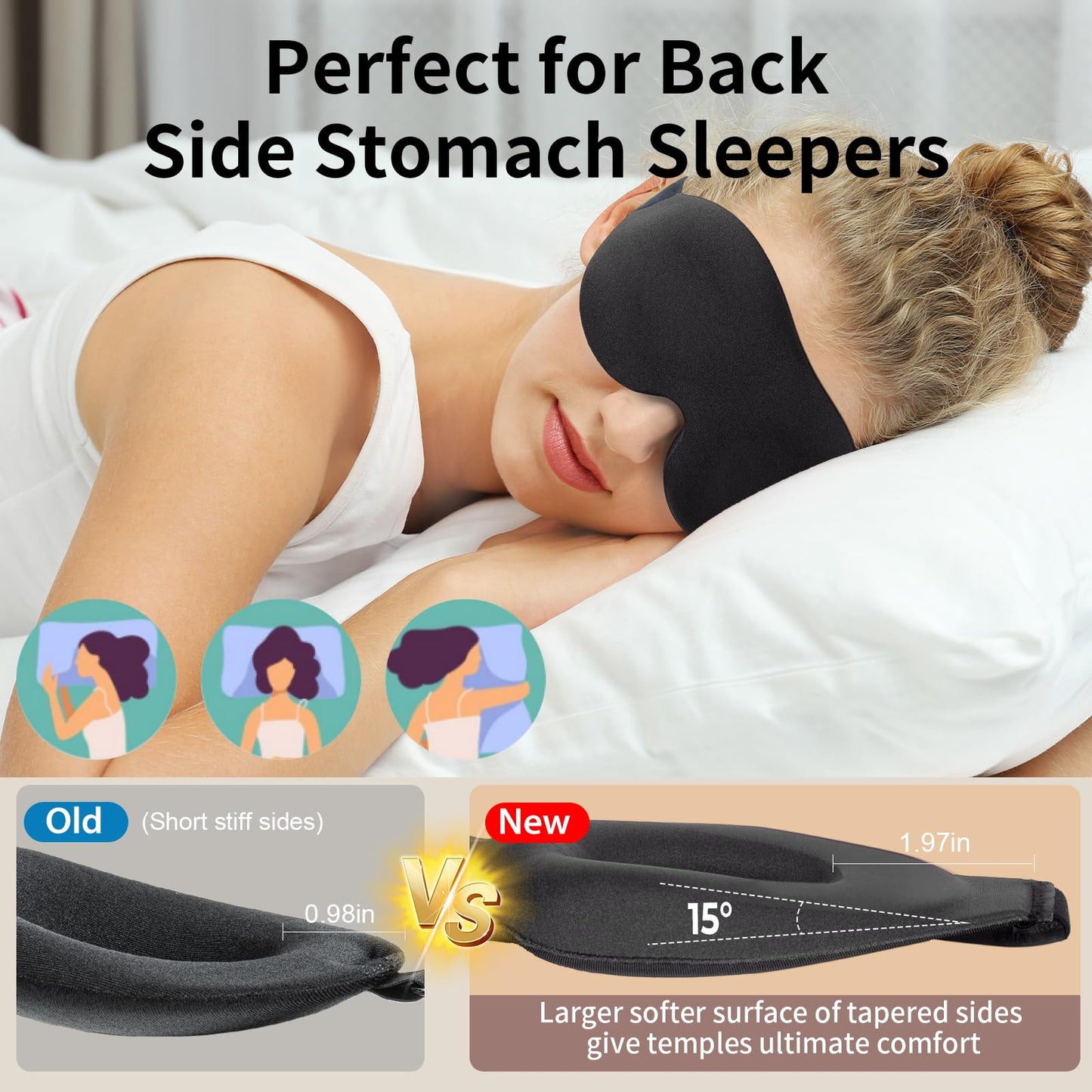 NEWVANGA Sleep Mask for Back and Side Sleeper, Block Out Light, Luxury Sleeping Eye Mask of 3D Night Blindfold, Zero Pressure Breathable Travel Eye Cover Black