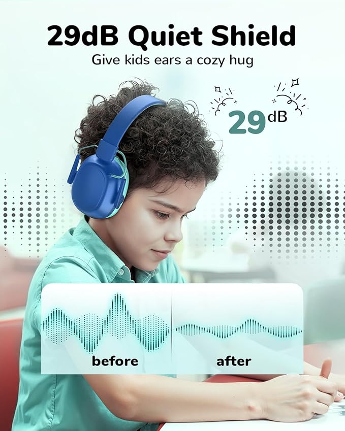 Kids Noise Cancelling Headphones, Sound Proof Ear Protection, 29dB SNR Noise Reduction Bluetooth 6.0 Earmuff, 94dB Lock - 80H Playtime, Hearing Protection for Autism, Shooting Gun Range Mowing (Blue)