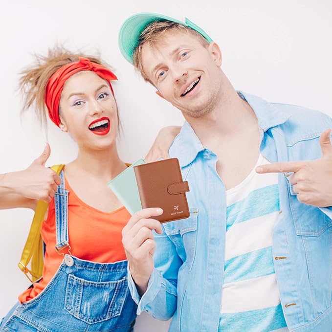 Cnycmy Passport Holder with RFID Blocking, Cash Pocket & Back Zipper Coin Pocket - Travel Document Holder, Magnetic Button, Multiple Card Slots - Soft PU Leather for Men and Women (BROWN)