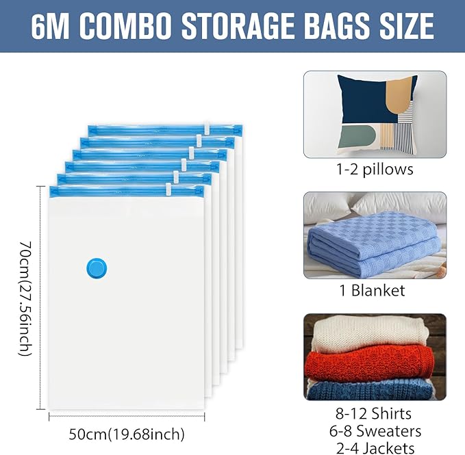 BoxLegend Vacuum Storage Bags with Hand Pump 6 Medium 19.68’’x27.56’’ Thickened Vacuum Seal Bags for Clothing Bed Sheets Pillowcases Compression Space Saving for Luggage, Backpack, Suitcase