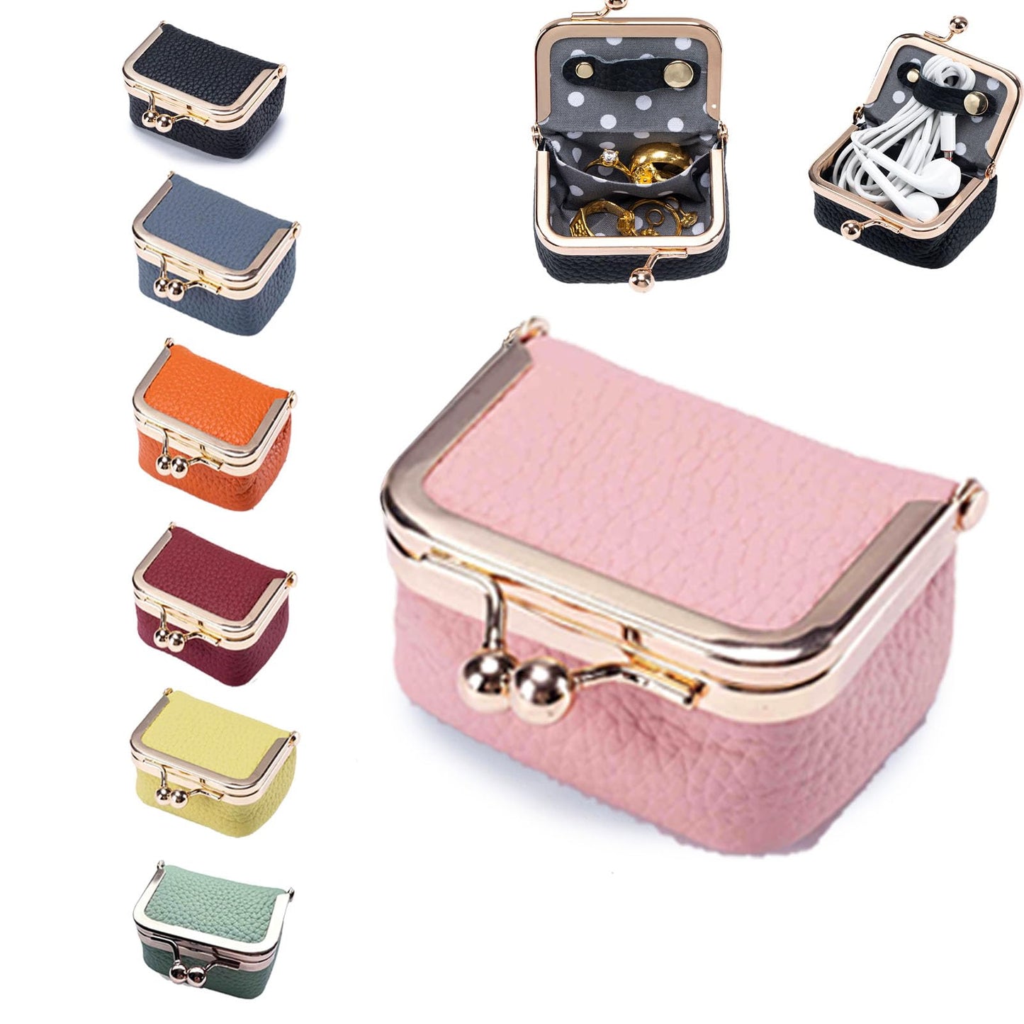 FURZART Genuine Leather Jewelry Travel Case Mini Portable Organizer with Kiss Lock & Anti-Tip Design, Stable Small Jewelry Box for Earrings, Rings, Coin Purse for Travel (2.55x1.77 Inch, Pink)