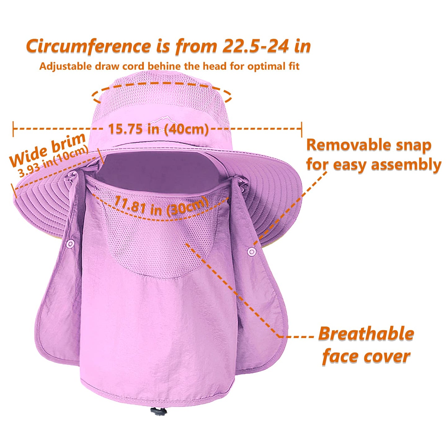 UPF 50+ Sun Fishing Hat for Men Women Wide Brim Hat with Detachable Face Cover & Neck Flap Violet