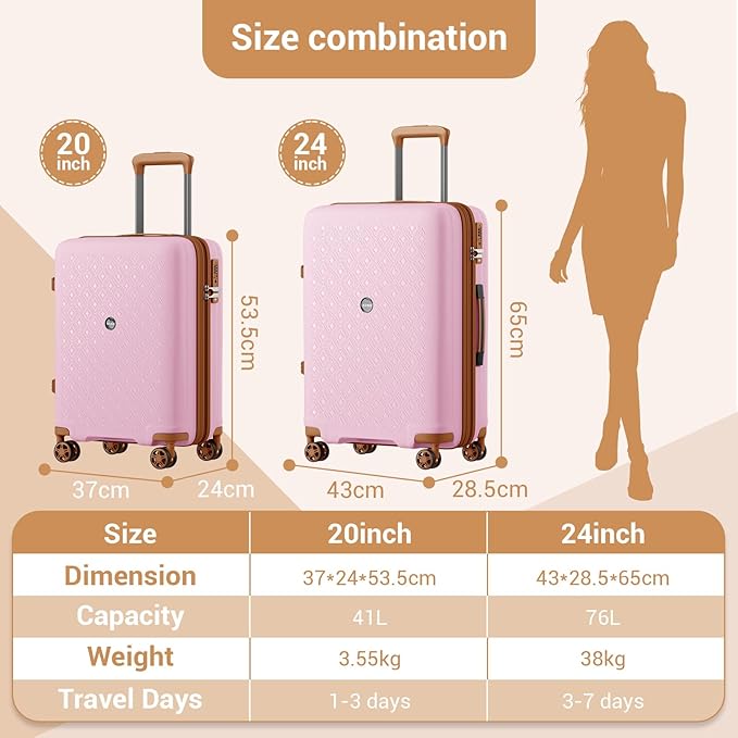 Kono 20 Inch Expandable Hard-Shell Suitcase, Ideal For Short Trips, Durable PP Material, With Hidden Cup Holder & TSA Lock, Pink/Brown