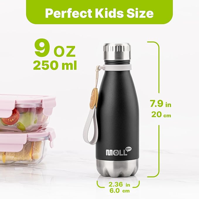Kids Water Bottle 9 oz Stainless Steel Vacuum Insulated Metal Water Bottle for School Leak Proof Cola Shape Mini Water Bottle for Boys Girls(Black)
