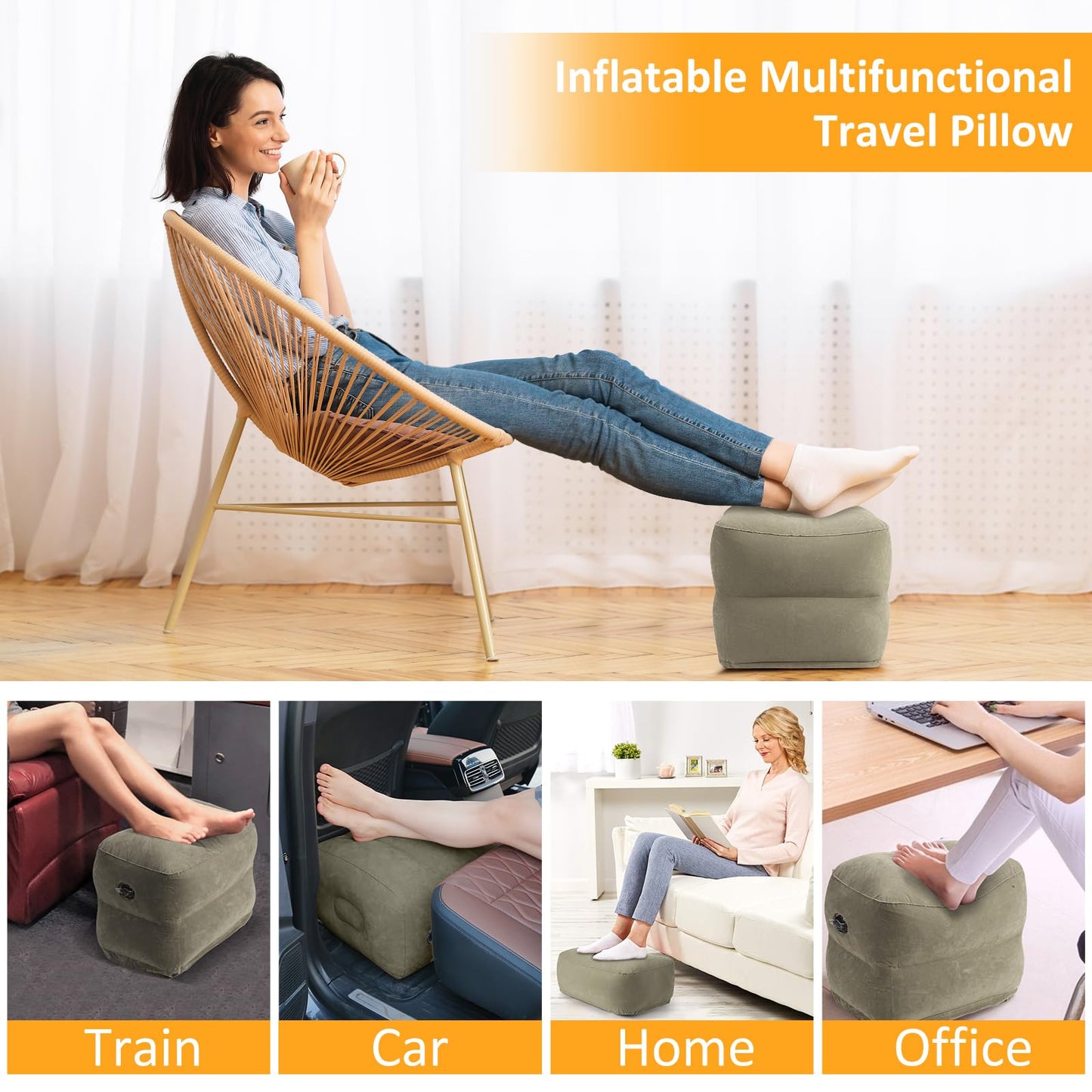 Inflatable Foot Rest Pillow for Travel - Adjustable Height Flight Foot Rest with Eye Mask and Earplugs for Kids & Adults on Airplane, Car, Train, Office, and Home (Gray, 2 PCS)