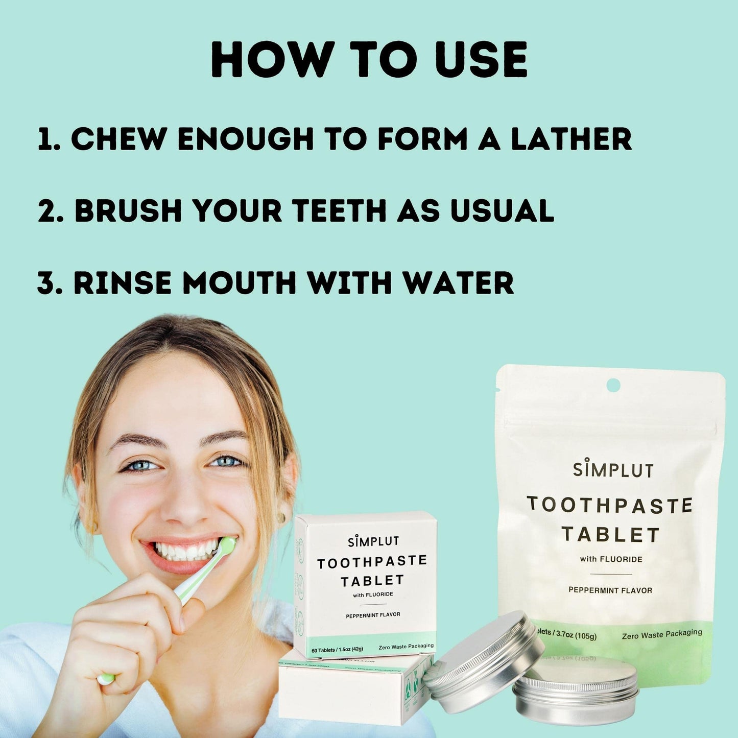 Chewable Toothpaste Tablets with Fluoride, 60 Pack - Travel Sized Oral Care, Eco Friendly Vegan Dental Tabs for Brushing - All Natural, SLS Free Ingredients for Adults - Peppermint Flavored